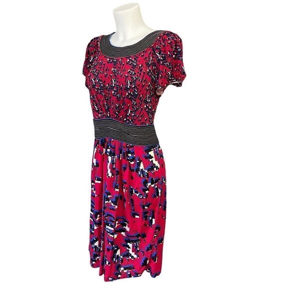 BCBGMAXAZRIA RED FLOWY CASUAL DRESS SCOOP NECK ABSTRACT WATERCOLOR PRINT SZ S - Picture 3 of 9